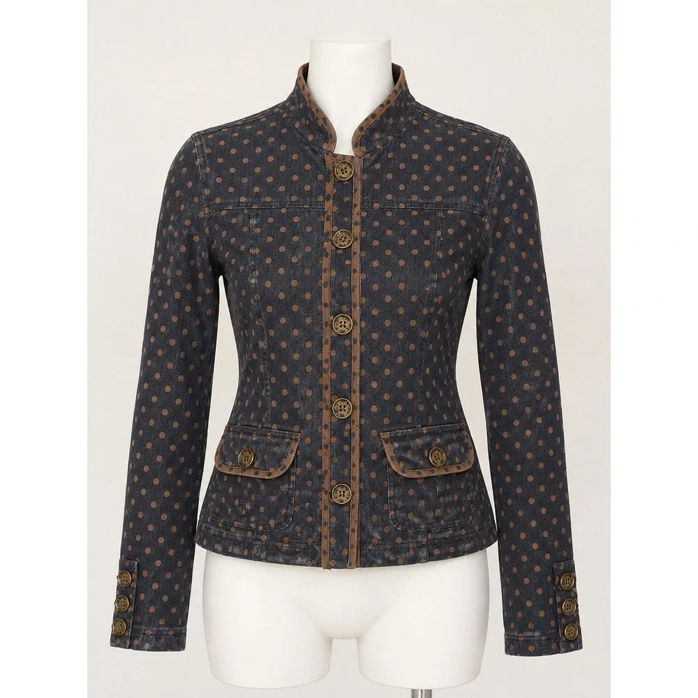 Doncaster Sport Polka Dot Denim Jacket Navy Brown Mock Neck XS/2 See Measurement